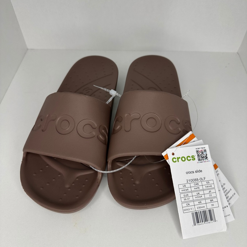 Crocs Women Slide 6 Brown NEW Mahogany Logo Sandals Casual Comfort Gorpcore